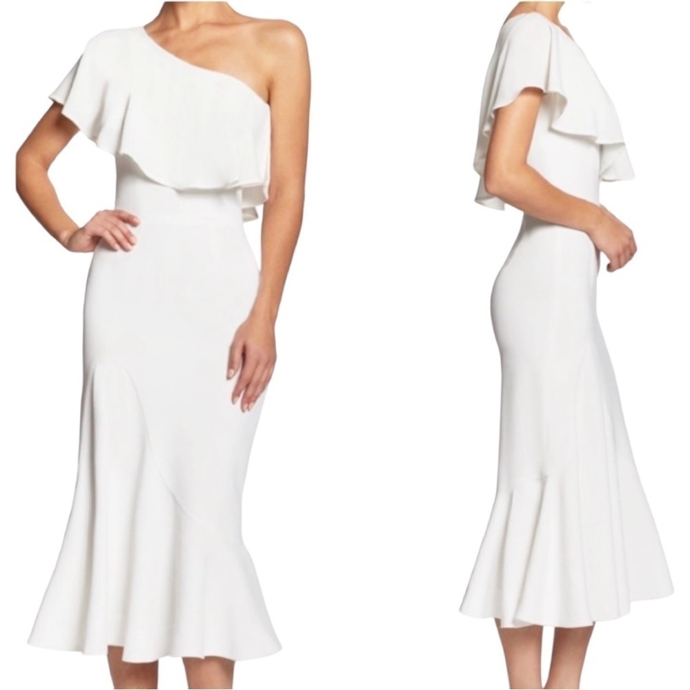DRESS THE POPULATION Raquel One Shoulder Ruffle White Midi Dress XS
